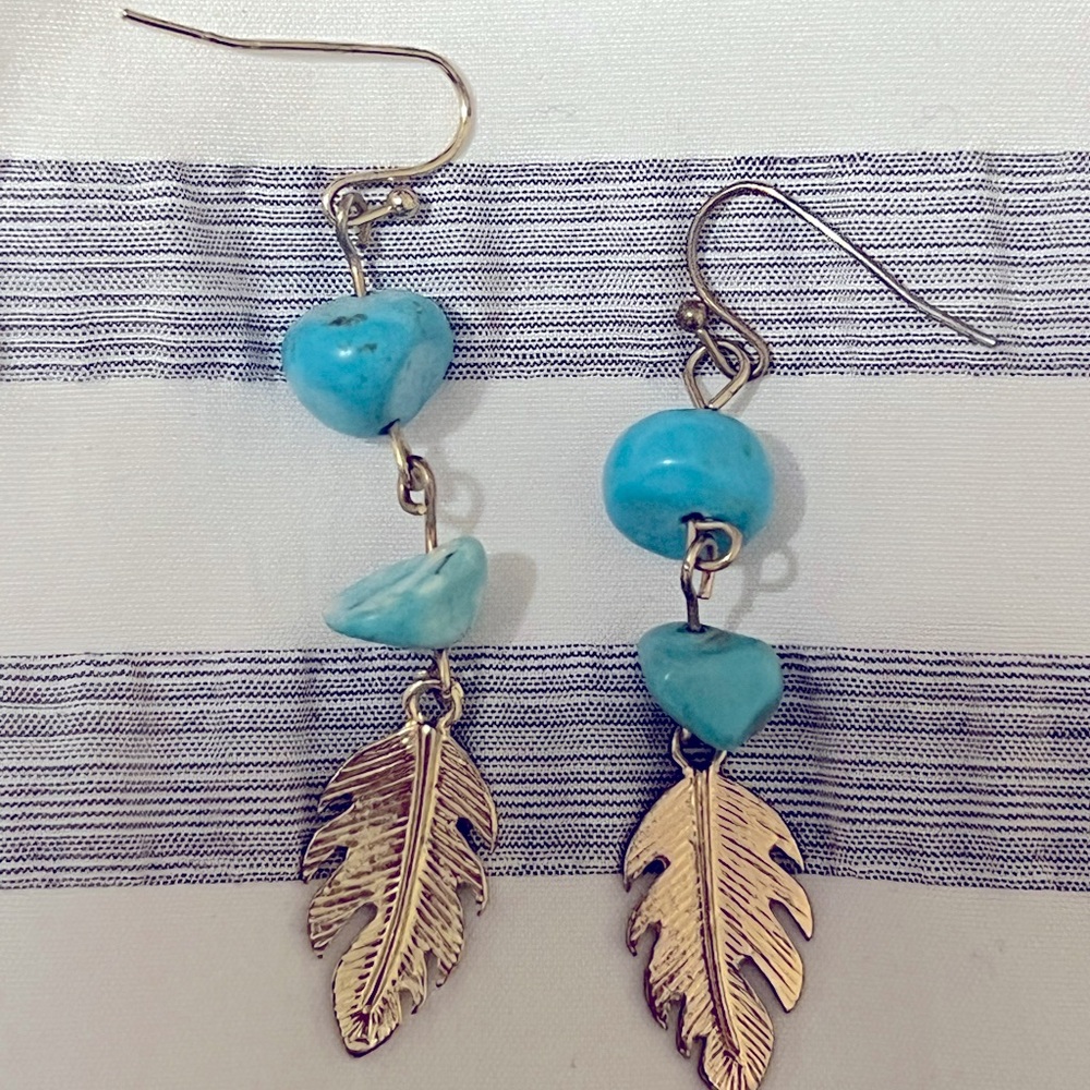 Gold-Tone Metal Feather Turquoise Drop Earrings